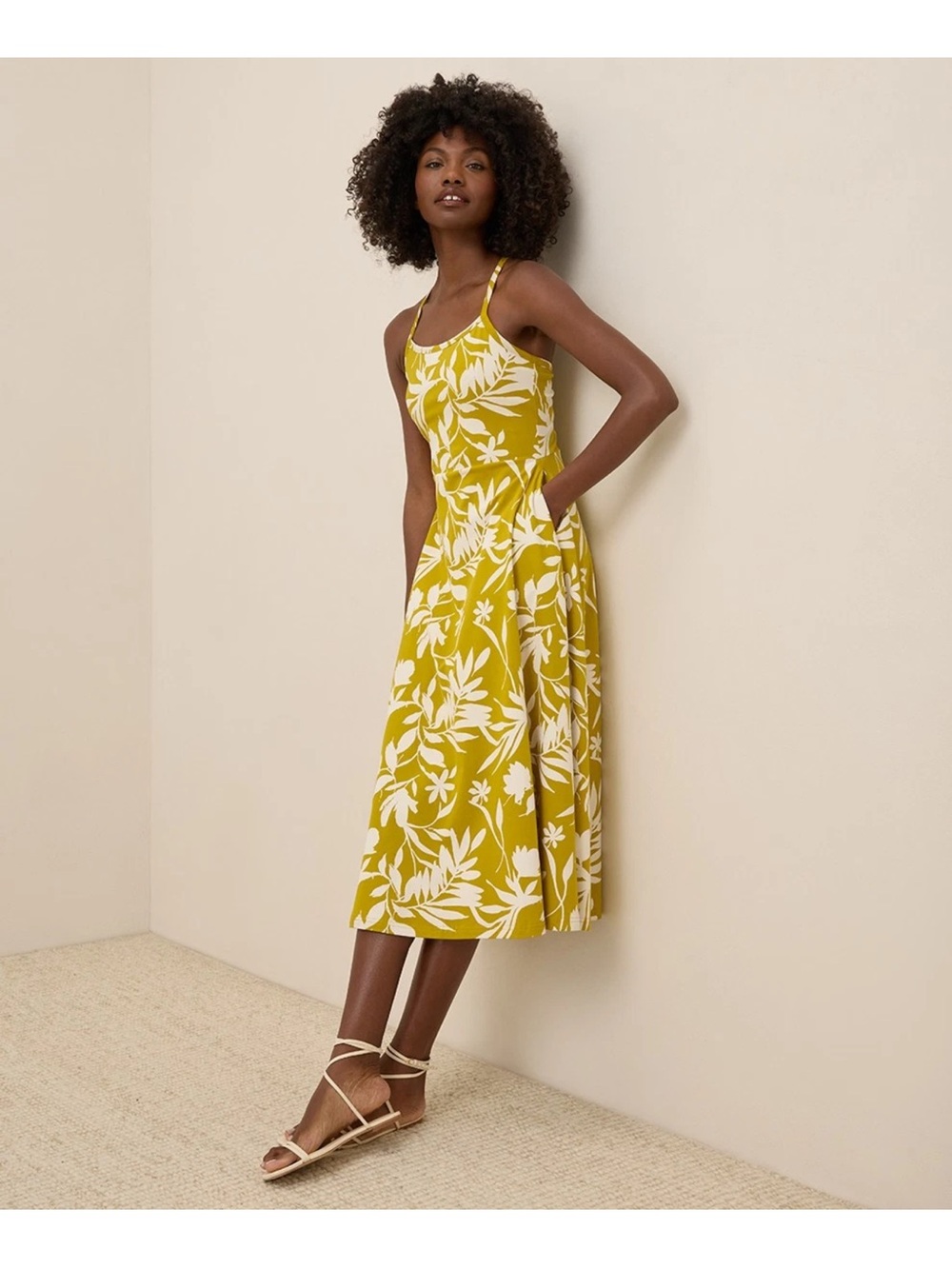 Women's Tropical Palms Chartreuse Fit & Flare Midi Dress Medium - Picture 4 of 8